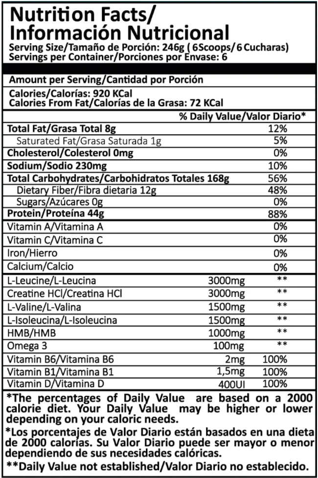 Tabla nutricional Smart Gainer Pro science