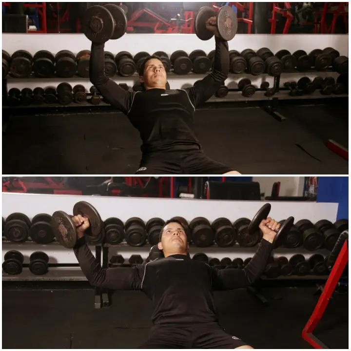 Haciendo apertura de pecho con mancuernas en banco