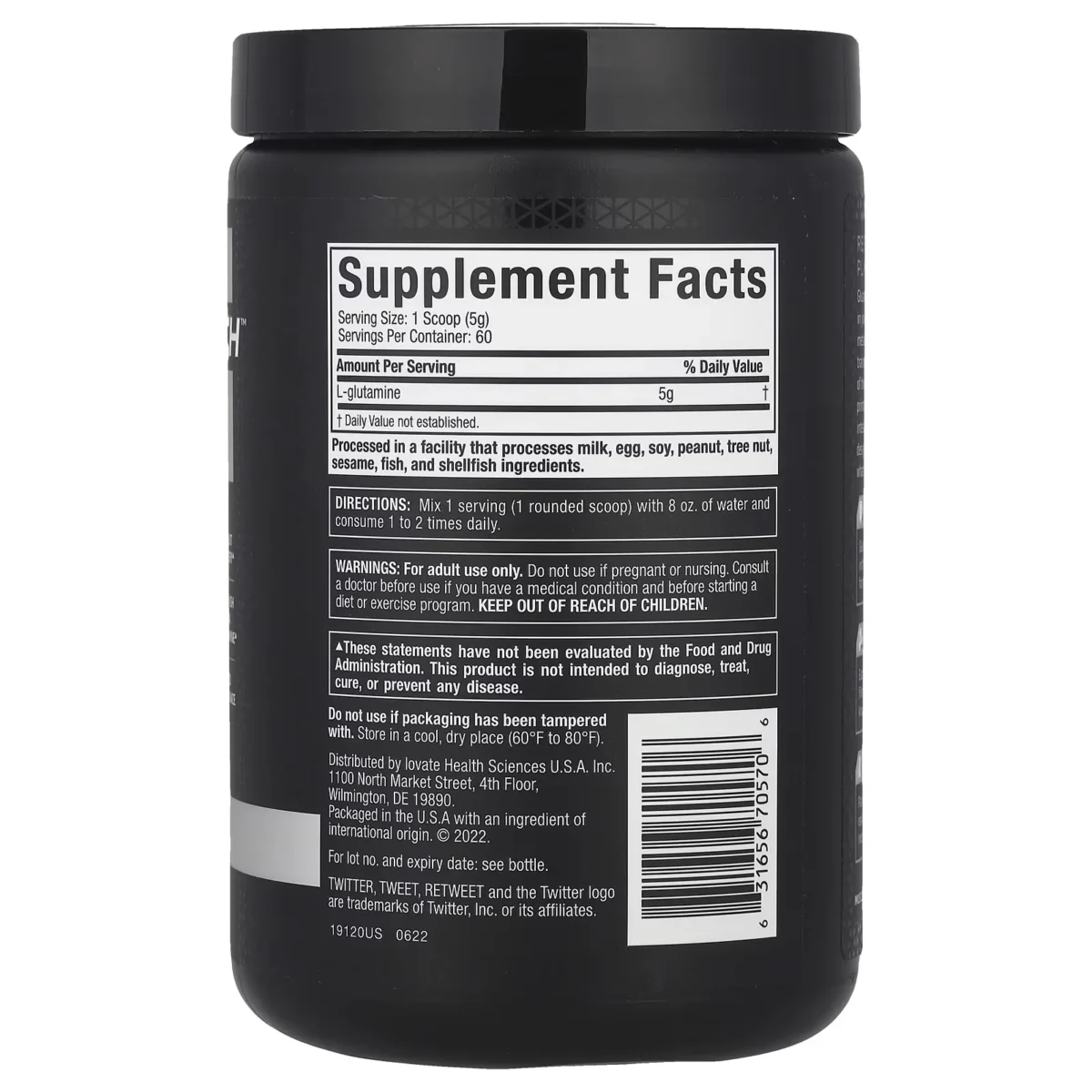 Supplement Facts Platinum Glutamine Muscletech 5g L-glutamina libre de sustancias prohibidas 60 servicios