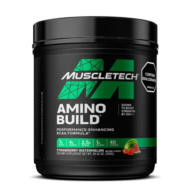 Amino Build Muscletech BCAA formula 7g BCAAs leucina betaina taurina fresa sandia 593g 40 servicios