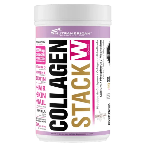 Collagen Stack Woman Nutramerican colageno hidrolizado 5000mg vitaminas biotina cabello piel uñas vainilla 585g 45 porciones