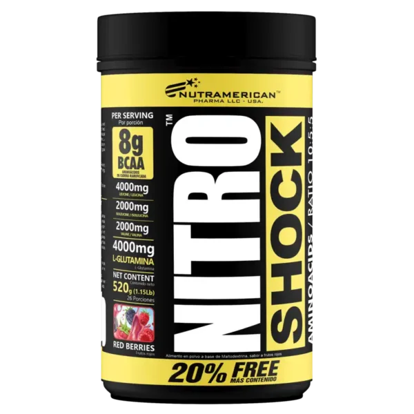 Nitro Shock Nutramerican aminoacidos ramificados BCAA glutamina 8g frutos rojos 520g 26 porciones