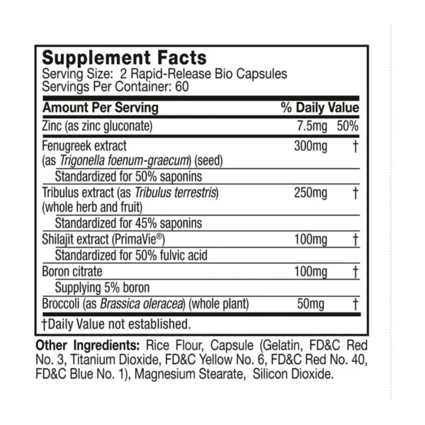 Supplement Facts Alpha Test Muscletech zinc fenugreek tribulus shilajit boron broccoli 120 capsulas