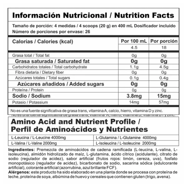 Nitro Shock Nutramerican aminoacidos ramificados BCAA glutamina 8g frutos rojos 520g 26 porciones