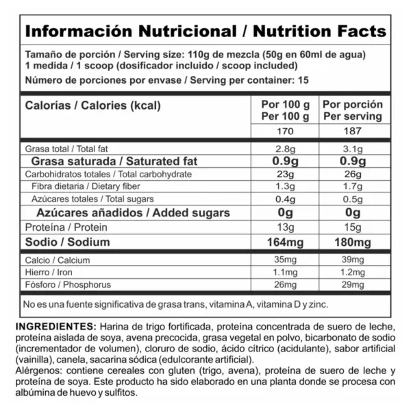 Tabla nutricional Protein Pancake Traditional Nutramerican 187 calorias 15g proteina por porcion